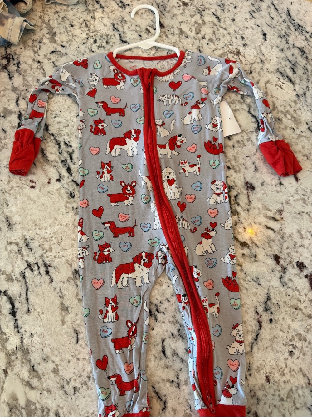 Little Sleepies Gray and Red Puppy Print Zip One-Piece Pajamas